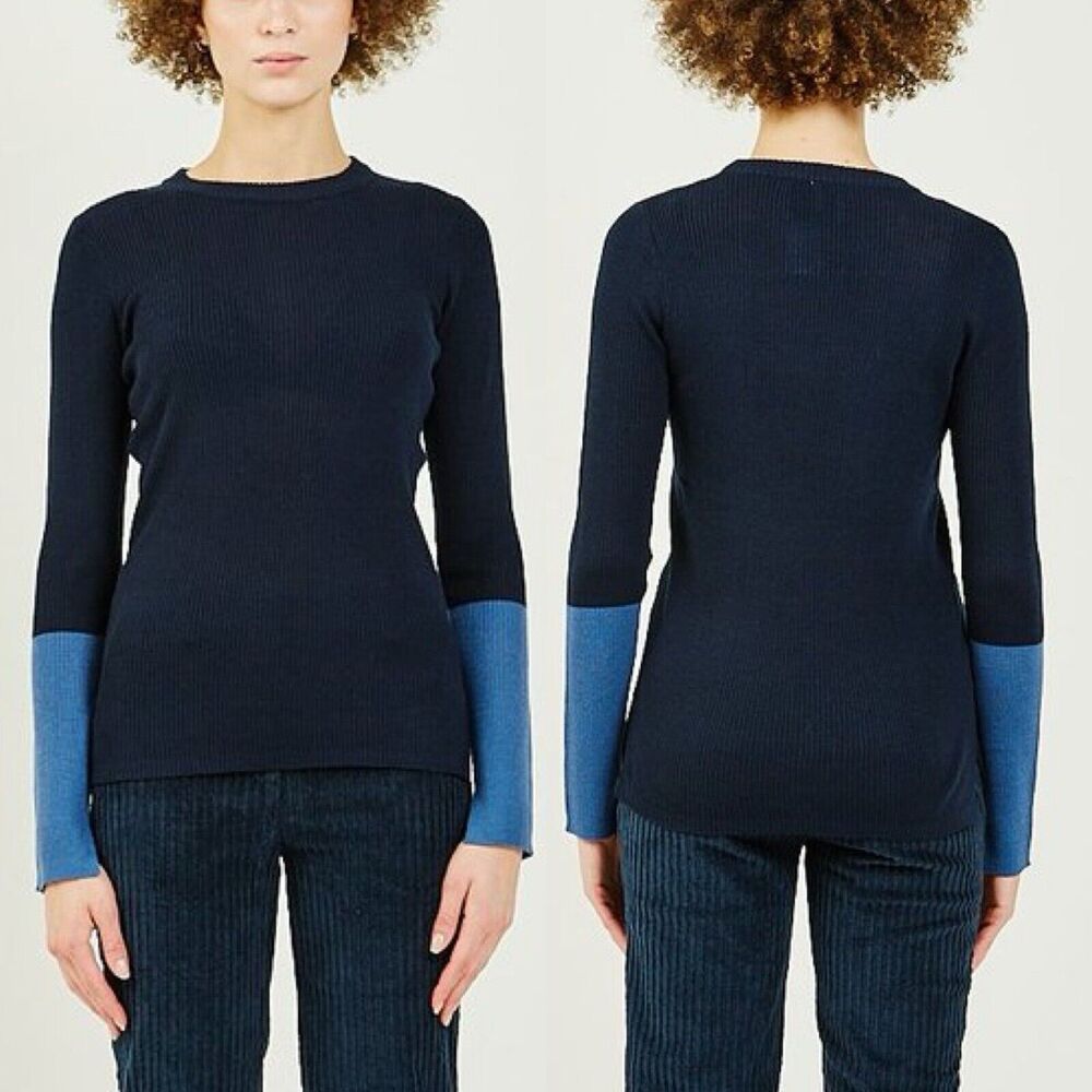 Just Female Divya Wool Colorblock Long Sleeve Top Womens L Large Navy Blue